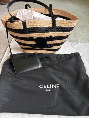 Celine Black and Natural Striped Raffia Tote with Triomphe Appliqué